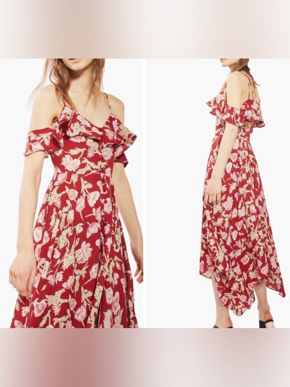 Topshop Red Floral Ruffle High-Low Dress